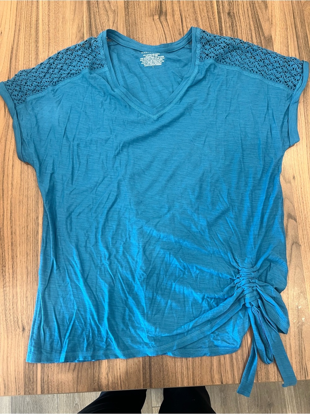 Westbound Teal V-Neck Short Sleeve Top with Lace Shoulders & Side Tie